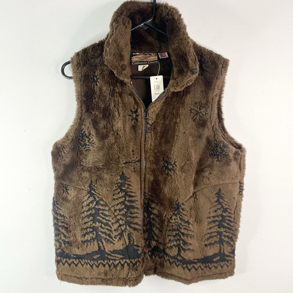 Cobblestone Canyon Fleece Vest Small Faux Fur Trees Winter Snow USA NWT Vtg